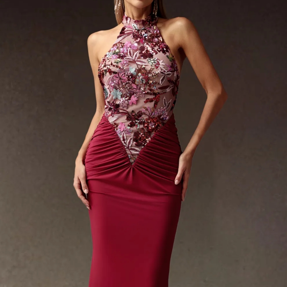 Elegant Floral Embellished Halter Dress - Red